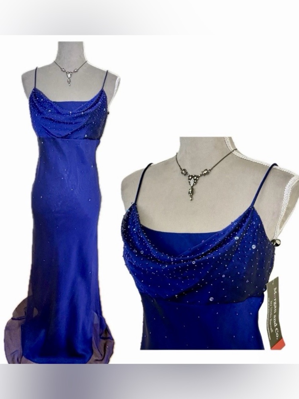 Vintage Morgan & Co Prom Dress Maxi Gown 7/8 Blue Y2K Fairy Bead Glam Goth NWT